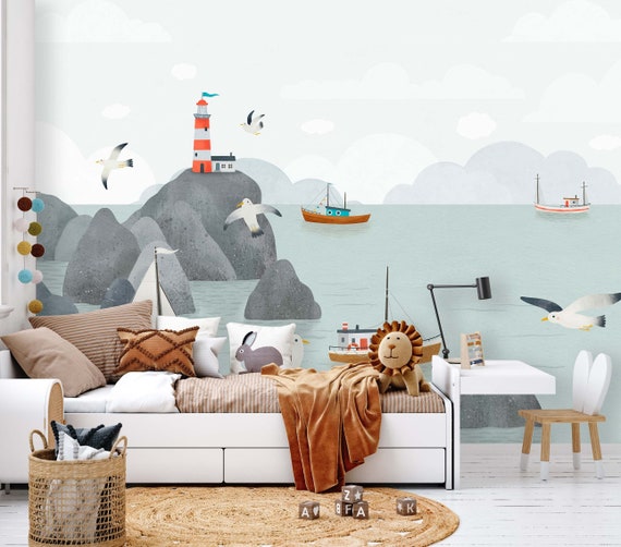 Am Meer Tapete für das Kinderzimmer Wandaufkleber Aufkleber Sticker Kindertapete Deko Babyzimmer See Möwe Schiffe TP133