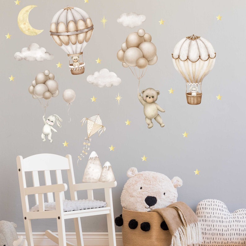 Décalcomanie murale Chambre des enfants V396 Animaux Montgolfière Montgolfière Autocollant Sticker Autocollant Baby Room Ballon Lapin Ours image 1