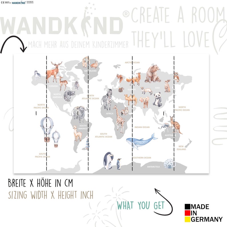 WORLD MAP Animals Wallpaper Wall Sticker Stickers Nursery Etsy