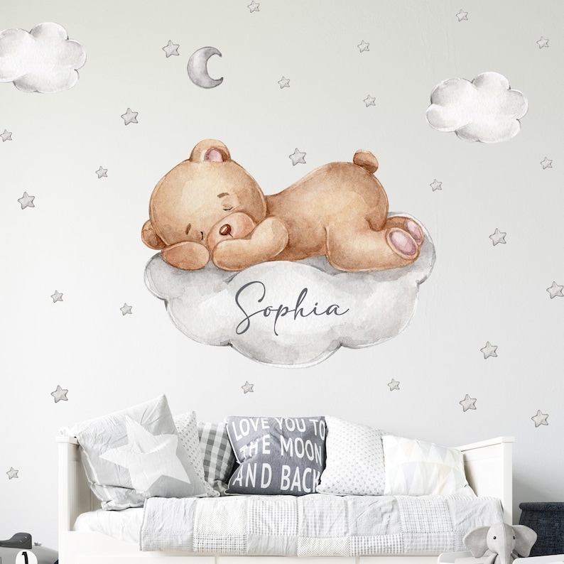 Bär auf der Wolke mit Wunschname V305 Wandtattoo Kinderzimmer Wandaufkleber Sticker Aufkleber mit Sternen Teddy Teddybär Halbmond Name Bild 1