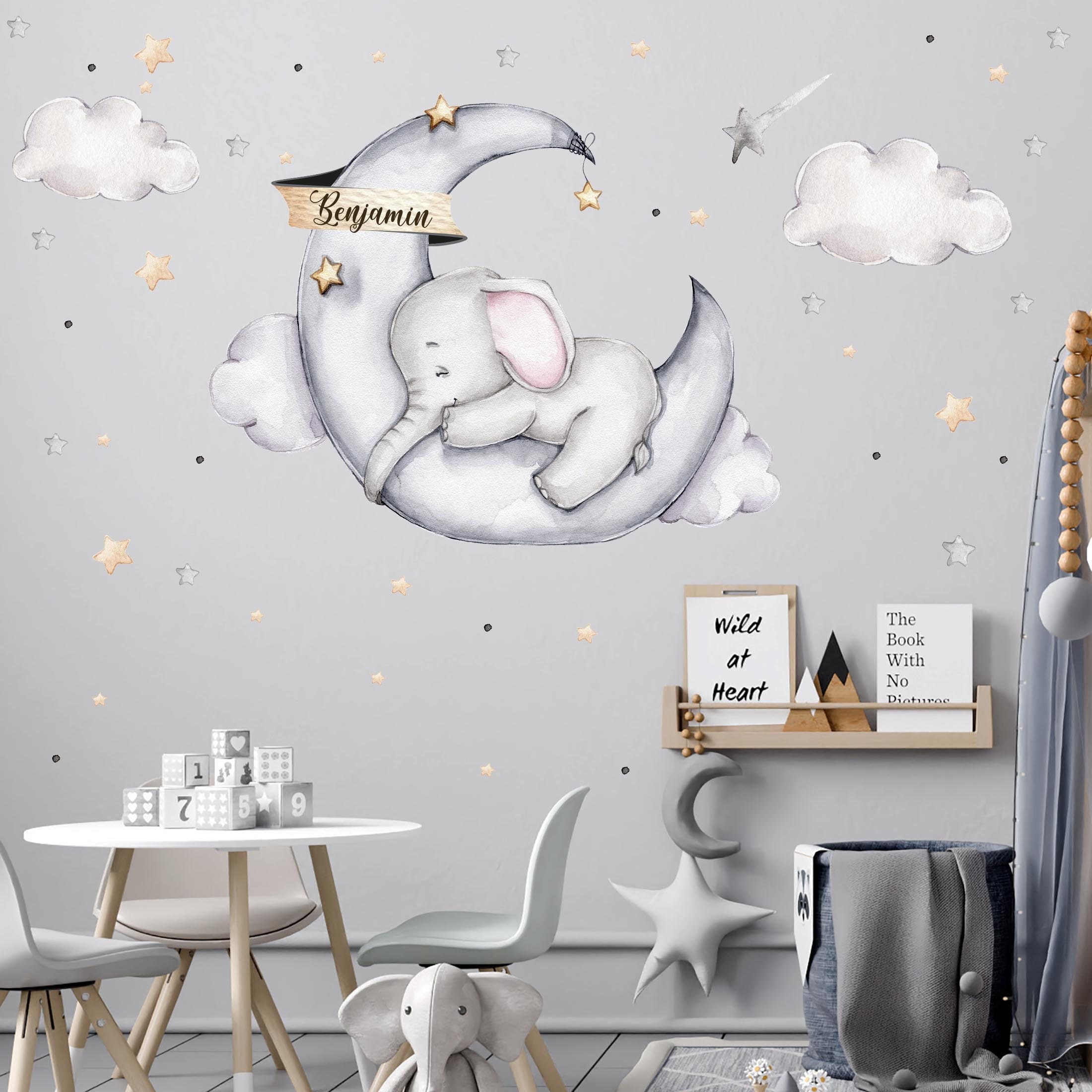 Etsy Sticker V329 Moon Elephant Name Children\'s NAME Decal Sticker Sticker With Sticker Wall Elephant Wall on - the WISH Room Name With