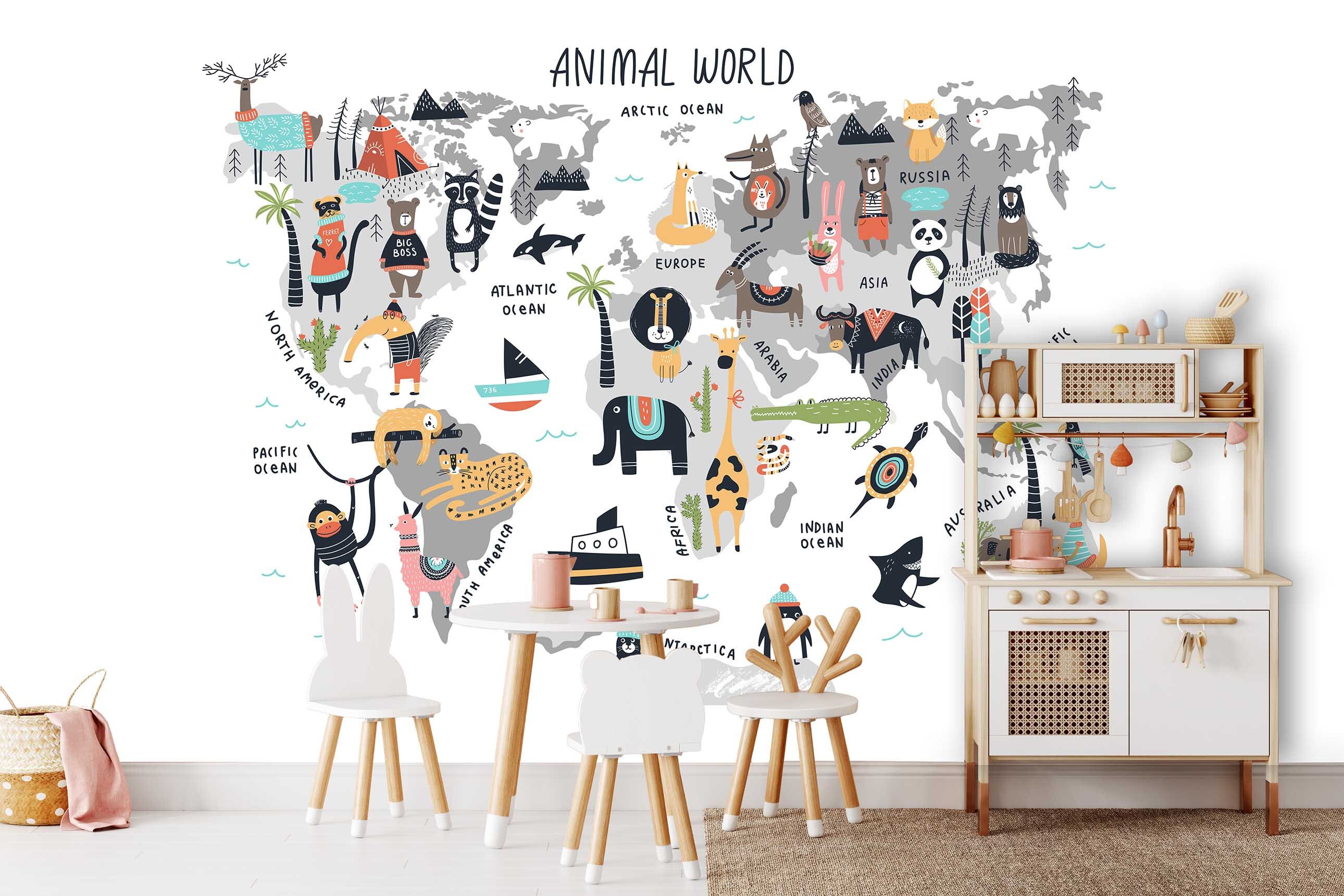 WORLD MAP Animals Wallpaper Wall Sticker Stickers Nursery Mural Kids ...