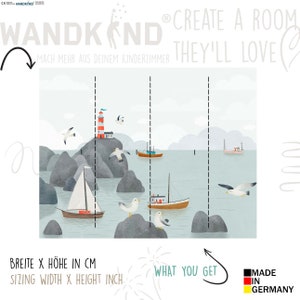 May include: A three-panel wall mural depicting a seascape with a lighthouse, boats, and seagulls. The mural is designed for a child's room and features the text "Create a room they'll love." and "Wandkind." The mural is made in Germany.