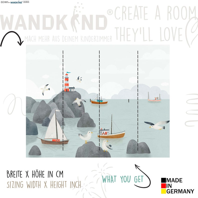 May include: A three-panel wall mural depicting a seascape with a lighthouse, boats, and seagulls. The mural is designed for a child's room and features the text "Create a room they'll love." and "Wandkind." The mural is made in Germany.