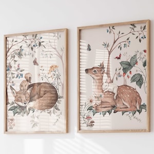 Póster de animales del bosque, juego de 2 cuadros de pared P2007, decoración de habitación infantil, imágenes de pared