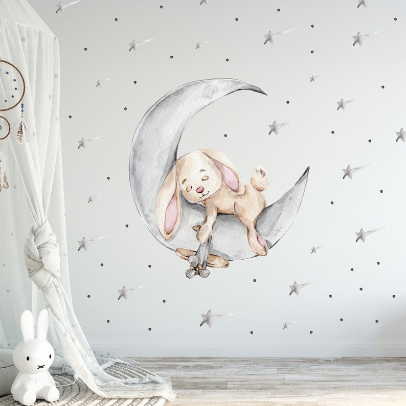 Lapin sur la Lune V303 Wall Decal Chambre denfants Sticker mural Autocollant autocollant avec étoiles Teddy Bunny Crescent Chambre de bébé image 3