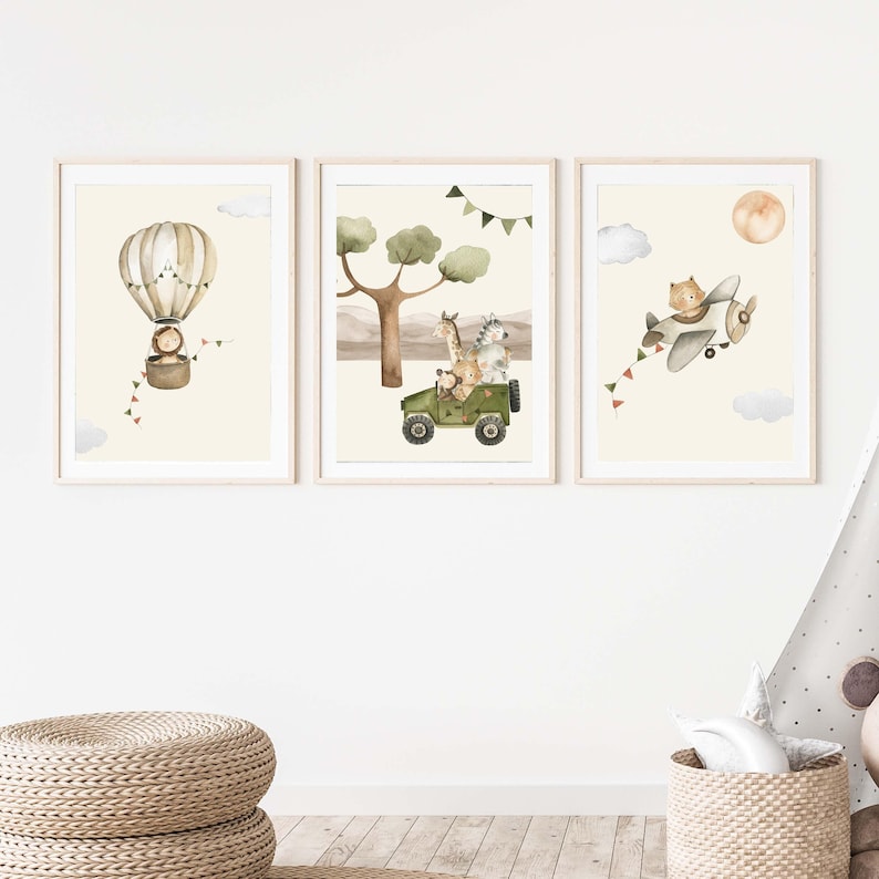 Wall Picture Set of 3 Posters P722 / Safari Adventure Hot Air Balloon Airplane Car / Children's Room Decoration Wall Pictures Pictures image 4