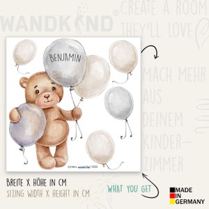 Orso con palloncini e nome desiderato V367 Stanza dei bambini Adesivo adesivo Adesivo Adesivi Regali personalizzati con nome Beige