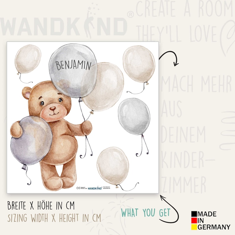 Orso con palloncini e nome desiderato V367 Stanza dei bambini Adesivo adesivo Adesivo Adesivi Regali personalizzati con nome Beige