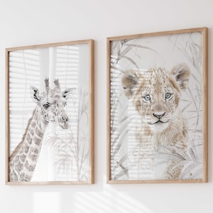 Poster con giraffa e leone, set di 2 quadri da parete P2002, decorazioni per la cameretta dei bambini, immagini da parete