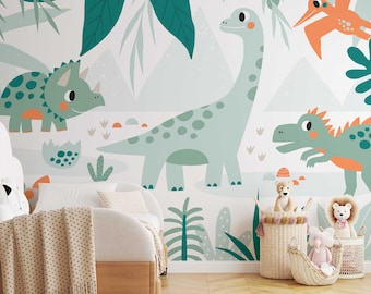 Papier peint dinosaure pour chambre d'enfant, autocollant mural photo, animaux verts mignons TP193