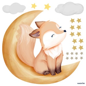 Fox on the Moon V254 Décalcomanie murale Chambre des enfants Autocollants muraux Autocollants avec étoiles et nuages Yeux endormis Cloud Chambre bébé image 3