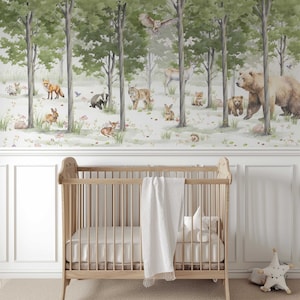 Wald Tapete mit Waldtieren für das Kinderzimmer Fototapete Wandaufkleber Kindertapete Natur Bäume Tiere Babyzimmer TP187