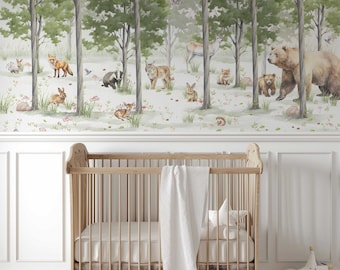 Wald Tapete mit Waldtieren für das Kinderzimmer Fototapete Wandaufkleber Kindertapete Natur Bäume Tiere Babyzimmer TP187