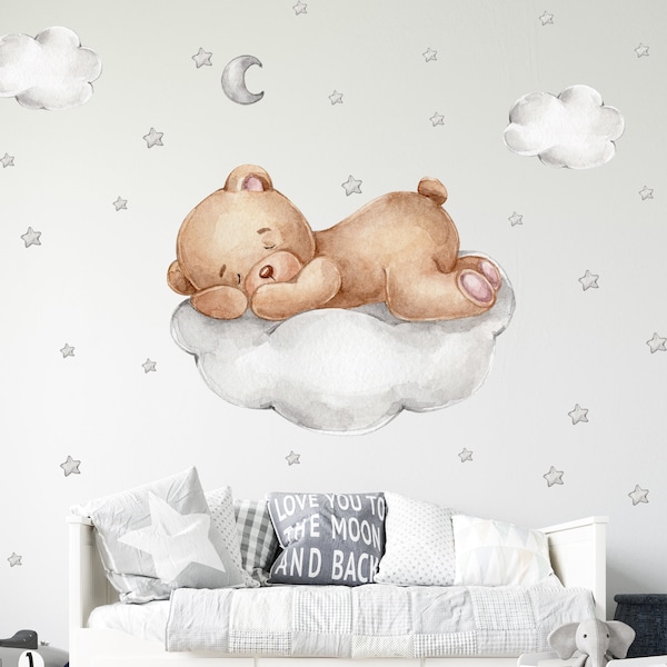 Bär auf der Wolke V267 Wandtattoo Kinderzimmer Wandaufkleber Sticker Aufkleber mit Sternen Teddy Teddybär Halbmond