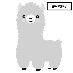 May include: A gray cartoon llama with black eyes and a white nose. The text "grau/grey" is in a black box above the llama.
