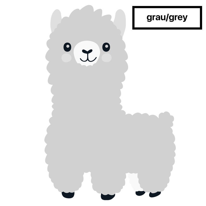 May include: A gray cartoon llama with black eyes and a white nose. The text "grau/grey" is in a black box above the llama.