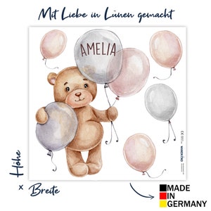 Orso con palloncini e nome desiderato V367 Stanza dei bambini Adesivo adesivo Adesivo Adesivi Regali personalizzati con nome Rosa-Grau