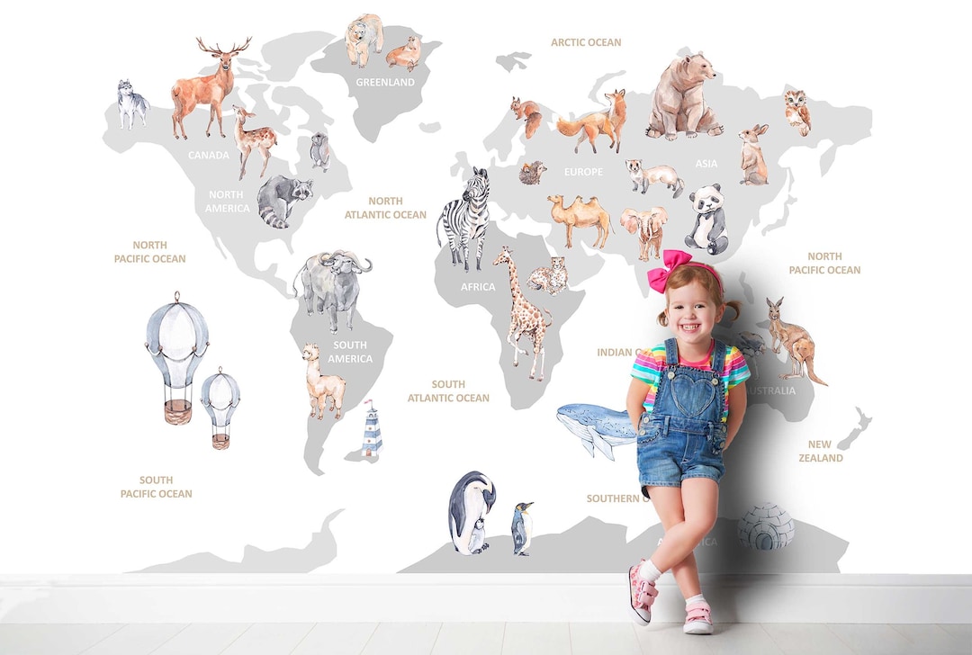 WORLD MAP Animals Wallpaper Wall Sticker Stickers Nursery Mural Kids ...
