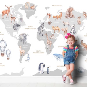 WELTKARTE mit Tiere Tapete Wandaufkleber Aufkleber Sticker Kindertapete Kinderzimmer Deko Babyzimmer Karte Welt Erde Landkarte TP126