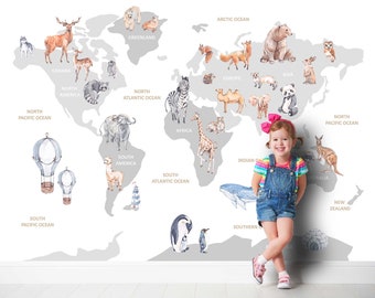 CARTE DU MONDE avec animaux papier peint stickers autocollants muraux enfants papier peint chambre d’enfants décoration chambre bébé carte carte du monde terre TP126