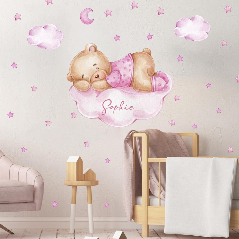 Orso rosa sulla nuvola V362 con nome desiderato Decalcomania murale Adesivo adesivo per camera dei bambini Adesivo Teddy Bear Nome personalizzabile immagine 4