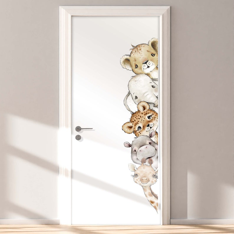 Autocollant de porte Chambre denfants T101 Bébé Girafe Lion Éléphant Hippo Hippo Léopard Autocollant de porte Autocollant De porte Chambre de bébé image 1