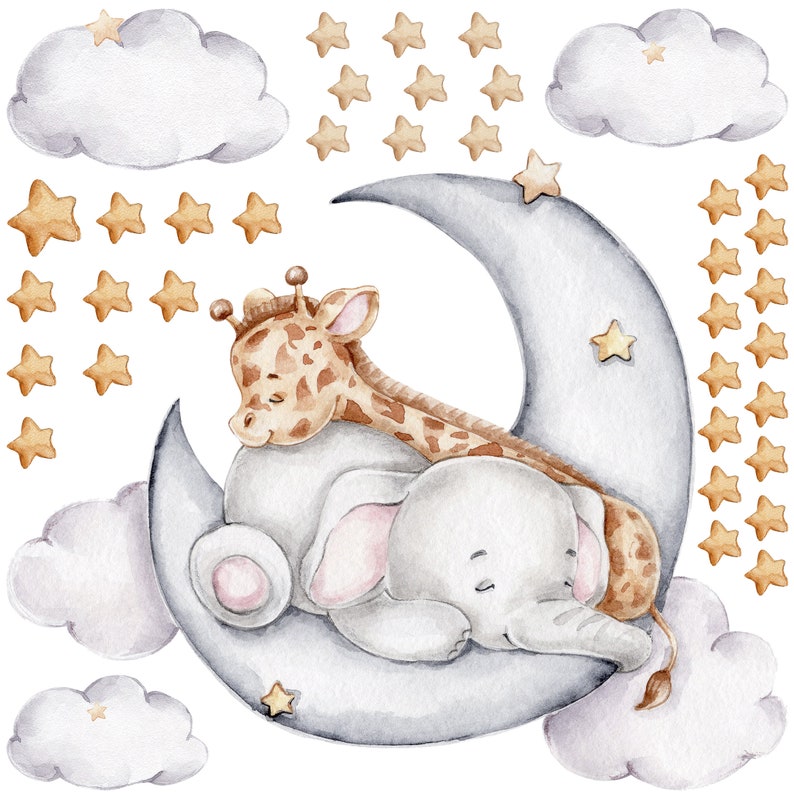 Elefant und Giraffe auf dem Mond V325 Wandtattoo Kinderzimmer Wandaufkleber Sticker Aufkleber mit Sternen Halbmond Elephant Babyzimmer zdjęcie 3