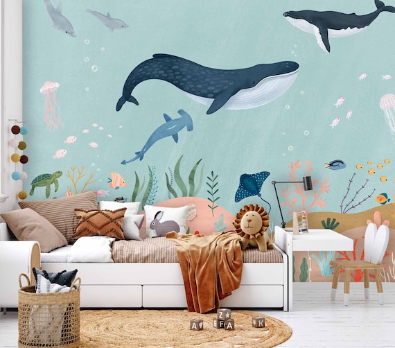 Papel pintado de animales marinos para habitación infantil, adhesivo  decorativo para pared, papel pintado infantil, decoración para habitación  de bebé, mundo submarino, ballena, delfín, TP132 -  España