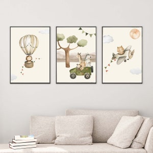 Wall Picture Set of 3 Posters P722 / Safari Adventure Hot Air Balloon Airplane Car / Children's Room Decoration Wall Pictures Pictures image 3