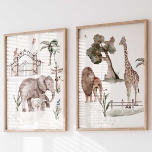 Animals in the Zoo Poster Set of 2 Wall Picture P2001 / Giraffe Lion Elephant / Children&#39;s Room Decoration Wall Pictures