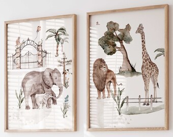 Animals in the Zoo Poster Set of 2 Wall Picture P2001 / Giraffe Lion Elephant / Children's Room Decoration Wall Pictures