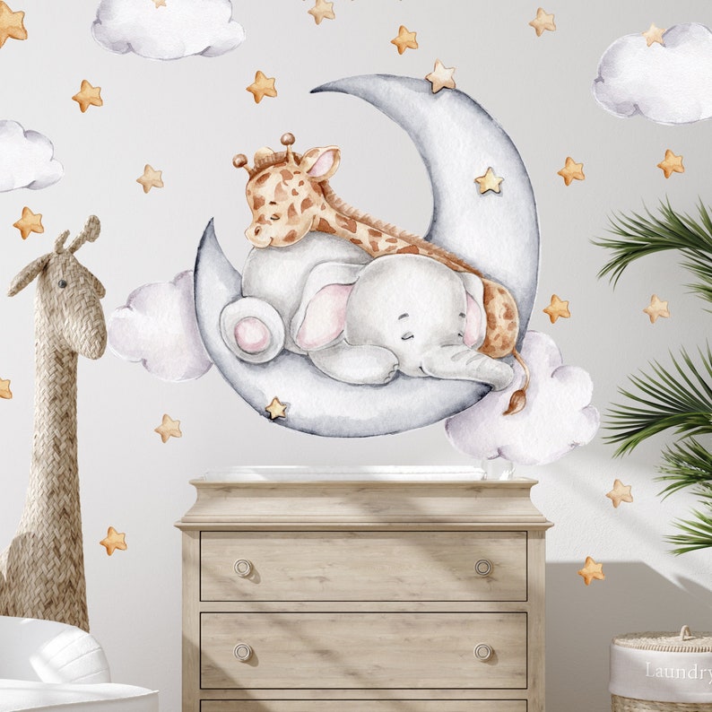 Elefant und Giraffe auf dem Mond V325 Wandtattoo Kinderzimmer Wandaufkleber Sticker Aufkleber mit Sternen Halbmond Elephant Babyzimmer zdjęcie 1