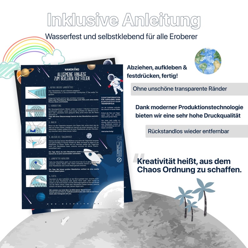 May include: A colorful instruction sheet with a rainbow and a globe on the top. The sheet has instructions for applying a sticker, with illustrations of each step. The text on the sheet reads "Inklusive Anleitung" and "Wasserfest und selbstklebend f&uuml;r alle Eroberer".