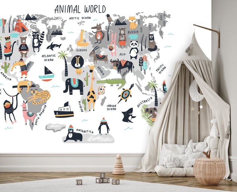WORLD MAP Animals Wallpaper Wall Sticker Stickers Nursery Mural Kids ...