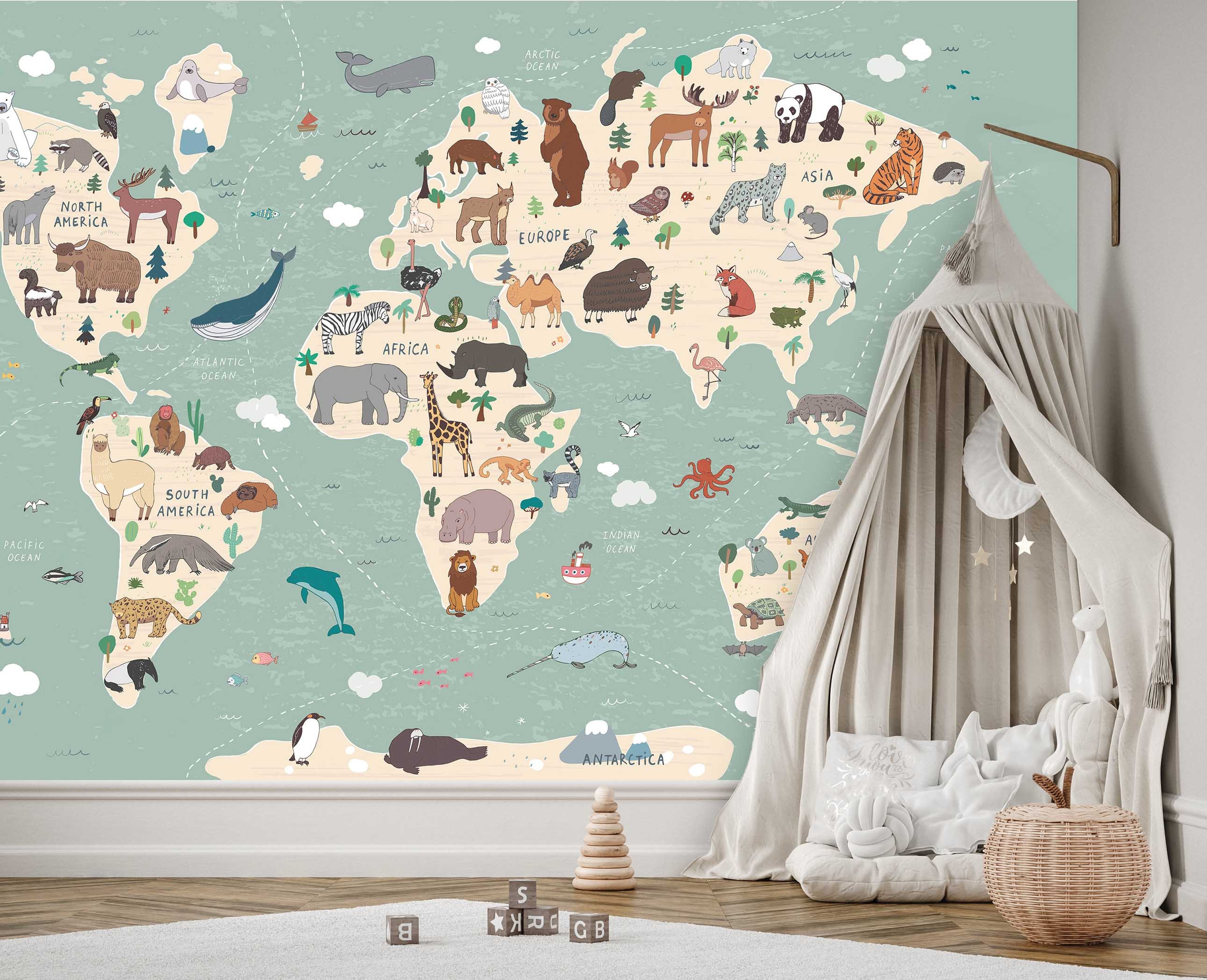WORLD MAP Animals Wallpaper Wall Sticker Stickers Nursery Mural Kids ...