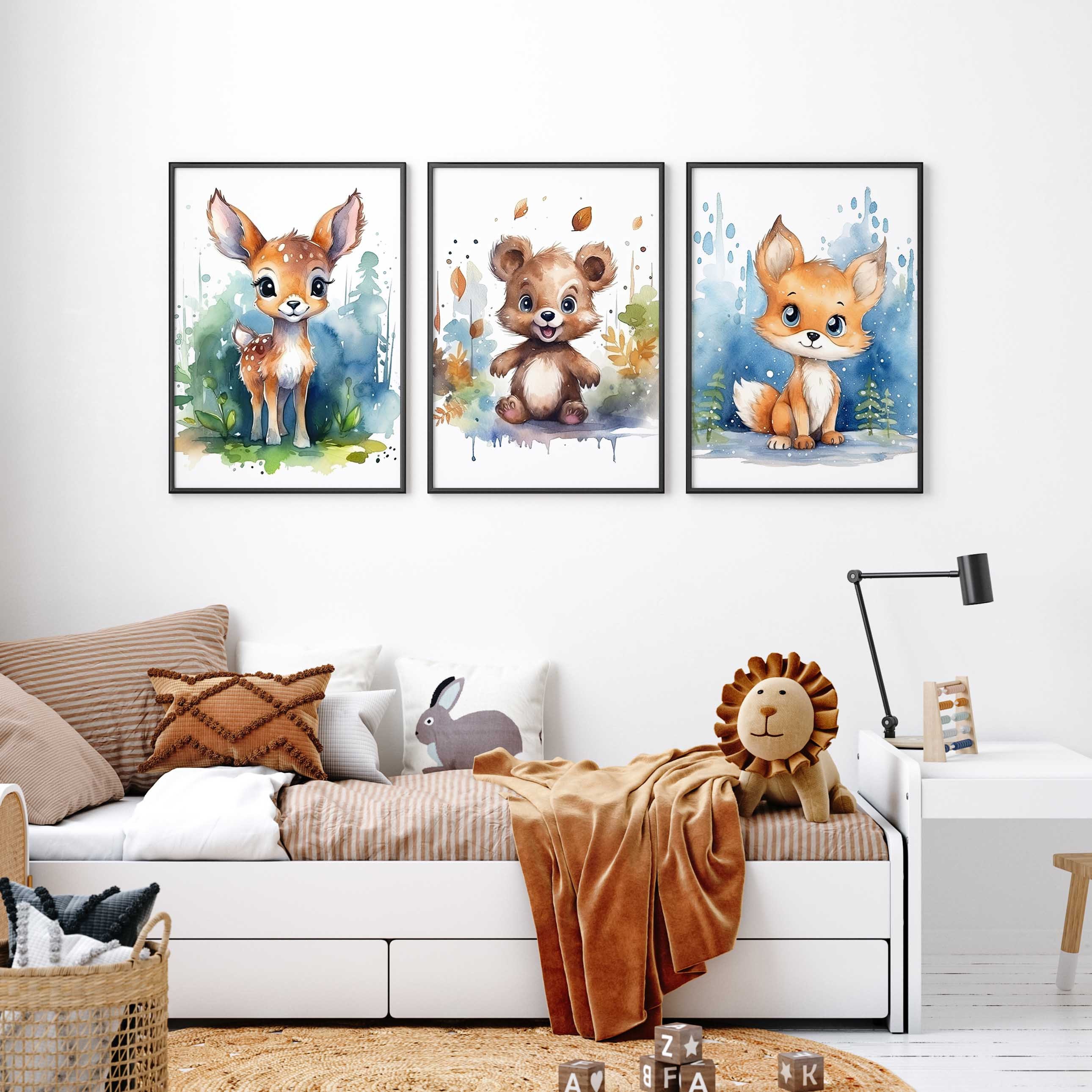 PACKLIST® Set 4 Quadretti Cameretta Neonato – Poster Animali del Bosco (Orso, Volpe, Cervo, Gufo) – Stampe A4 Premium 250g – Decorazione Parete Bambini Senza Cornice – Idea Regalo Nascita