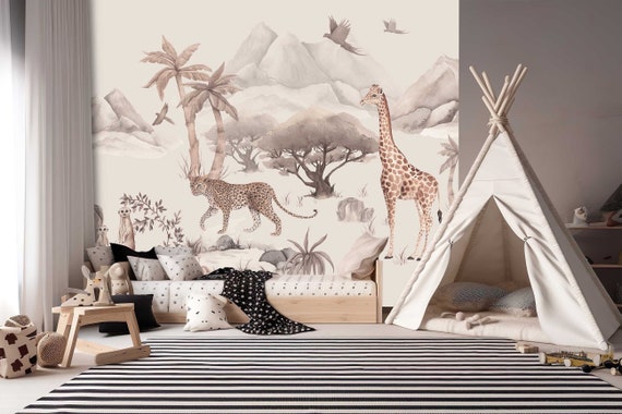 Papel pintado animales de la sabana para habitación infantil, adhesivo  decorativo para pared, papel pintado infantil, decoración para habitación  de bebé, leopardo de la selva, jirafa TP158 -  España