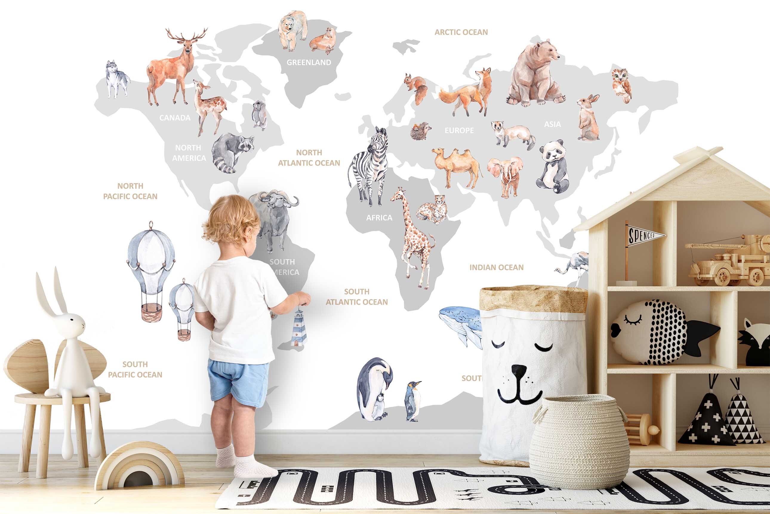 WORLD MAP Animals Wallpaper Wall Sticker Stickers Nursery Mural Kids ...
