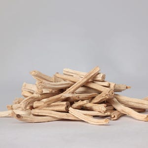 May include: A pile of light beige, dried sticks, possibly incense or kindling, against a plain gray background. The sticks are of varying lengths and thicknesses, with a natural, textured appearance.