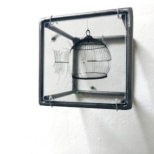 Wall sculpture, steel metal bar, original print by art and shadow. Cage, freedom print. New home gift.