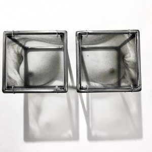 Op de afbeelding: Twee vierkante, zilveren dozen met een zwart-wit afbeelding in elke doos. De dozen hangen aan een witte muur.