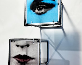 Pop Art Face Sculpture: Metal Wall Art Decor, Red Lips, Blue Eye
