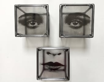 Triptych Metal Wall Sculpture, Pop Art Face, Steel Interior Decor, 3 Piece Set