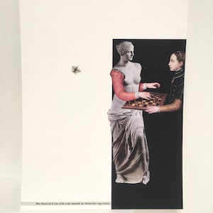 May include: A black and white collage featuring a sculpture of the Venus de Milo playing chess with a woman in a black dress. The text "The Venus de Milo with Arms Inserted by  Safoniba Anguissola" is at the bottom of the image.