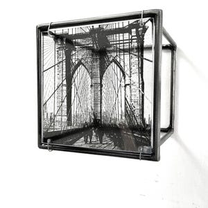 Wall art, metal sculpture with Brooklyn Bridge, clear print from vintage photo. Urban home style gift.