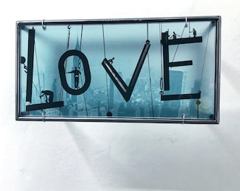 Hand Welded Steel Love Under Construction Wall Art: Vintage NYC Collage Sculpture