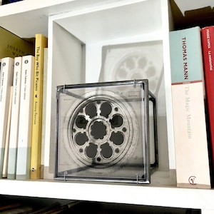 Architectural wall decor, cubic metal sculpture, art object with elaborated clear print. Home or office art decor.