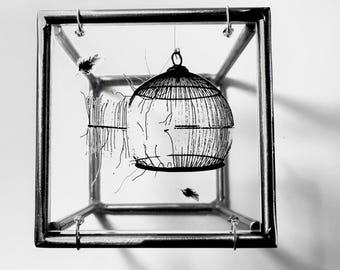 Steel Bar Wall Sculpture: Cage Freedom Print, Industrial Home Decor