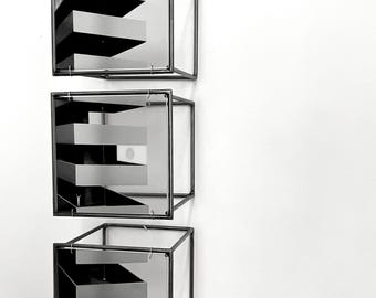 Vertical Triptych Metal Sculpture: Brutalist Style Geometric Architectural Wall Art